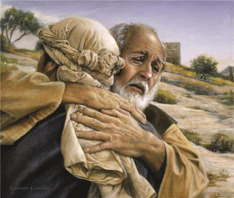 A father embracing his son from "The Prodigal Son" by Liz Lemon Swindle